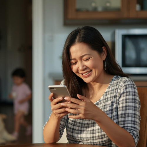 Eine bewusste Mama lächelt im Familienalltag auf ihr Smartphone und nutzt den Messenger-Support für ihre persönliche Weiterentwicklung.
