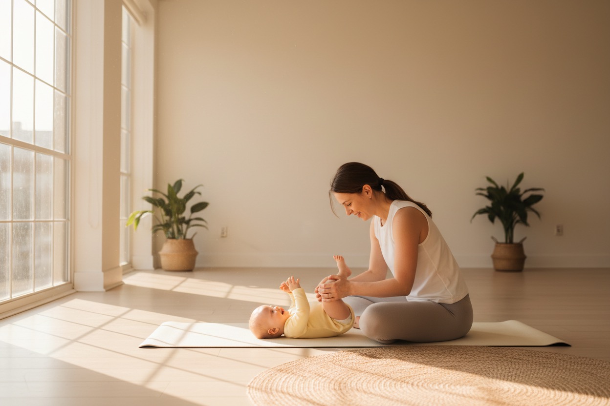Eine Frau sitzt auf einer Yogamatte in einem hellen Raum und spielt liebevoll mit ihrem Baby.