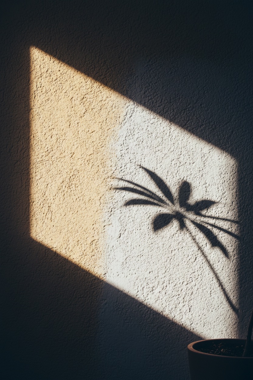 Das Sonnenlicht wirft den Schatten einer Pflanze auf eine strukturierte Wand.